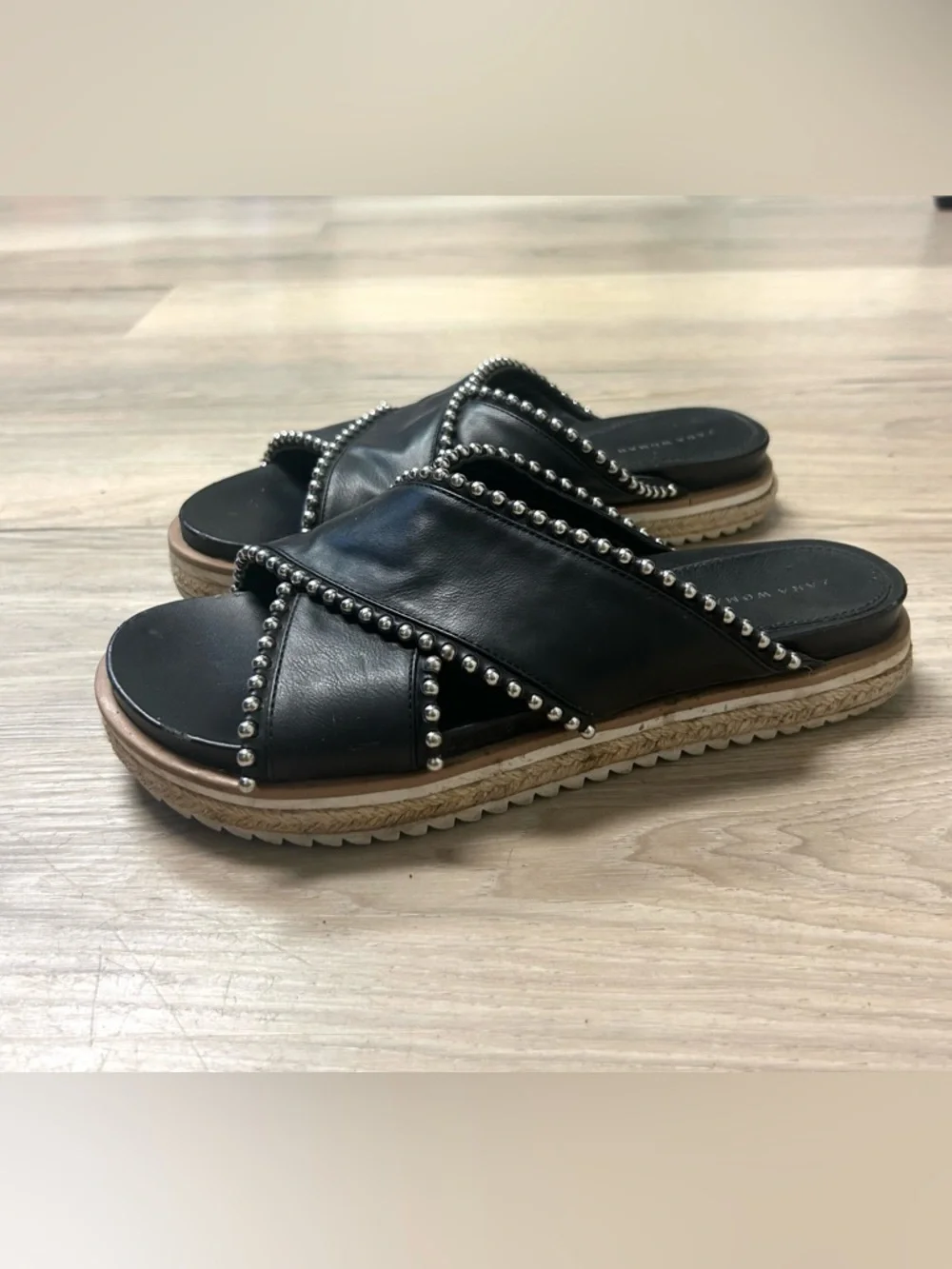 Zara Sandals Black Silver Studded Cross Strap Slides Women 6.5 Open Toe Slip On - Picture 3 of 12